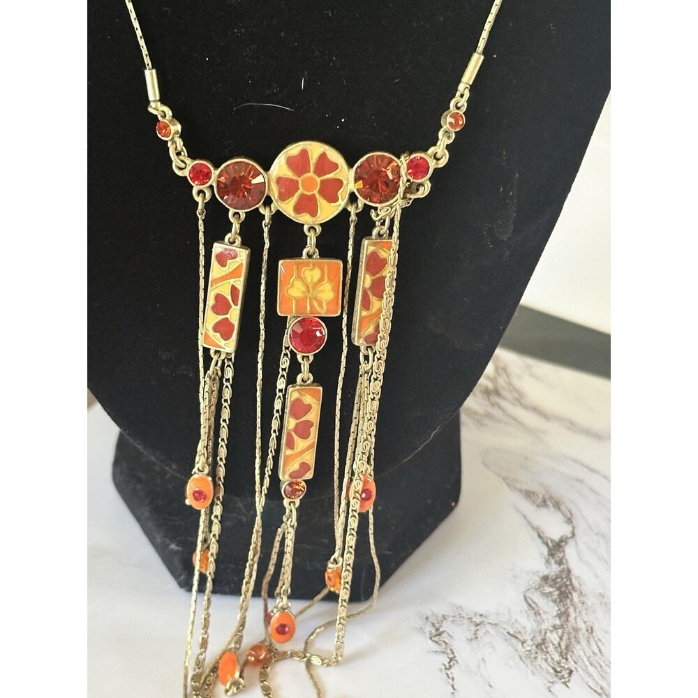 Pilgrim Danish Design Boho Enamel Floral Fringe Necklace Orange Red